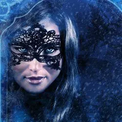 image of beautiful woman wearing mask in the dark