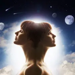 woman with 2 faces looking at the moons