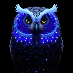 purple owl glowing against black background