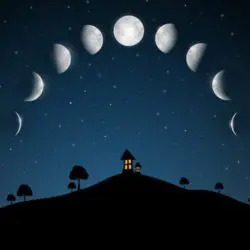 image of the Moon cycles in a night sky with the silhouette of a hill with trees