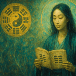 Mystical digital painting of a serene woman in a teal robe holding the I Ching, with glowing trigrams and a swirling ethereal background.