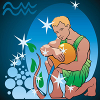 image of aquarius the water bearer astrology glyph. Man holding a jar of water on blue background denoting emotions and Aquarius Personality Traits