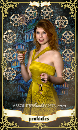 beautiful woman with the 10 of pentacles