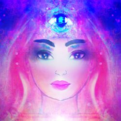clairvoyance demonstrated by this image of a woman in pink and purple with 3rd eye opening