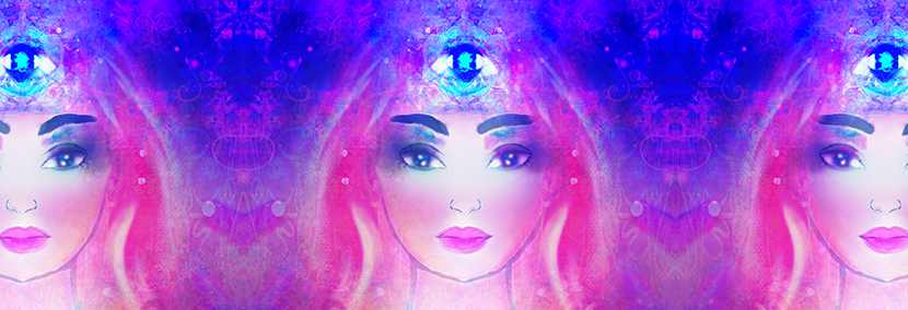 surreal image of woman with 3rd eye surrounded by purple and pink colours