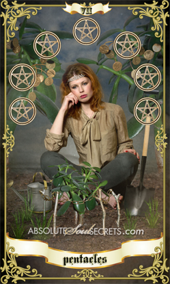 image of woman sitting surrounded by 7 of pentacles