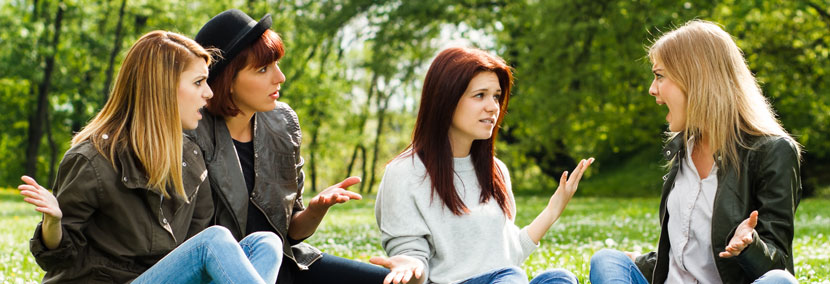 image of a woman in park on green grass arguing with friends