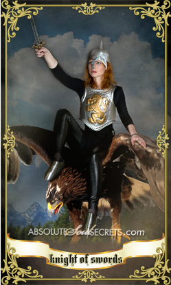 image of beautiful woman dressed as a knight on a flying eagle
