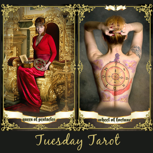 image of a woman in a red gown representing the queen of pentacles tarot