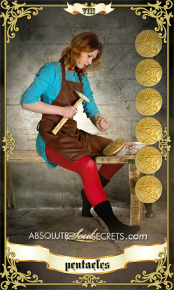image of a woman using a chisel representing the 8 of pentacles