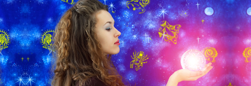 image of a woman holding a crystal ball surrounded by horoscope symbols