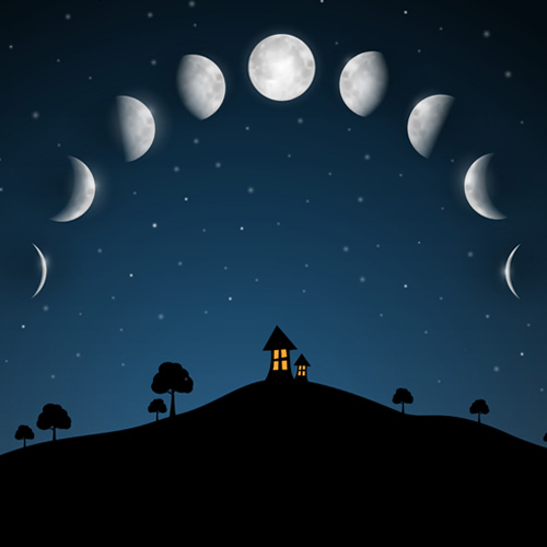 image of the Moon cycles in a night sky with the silhouette of a hill with trees