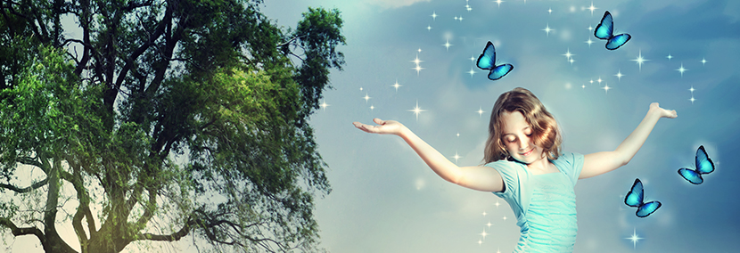 Image of a Young Girl Surrounded by Butterflies and Sparkles