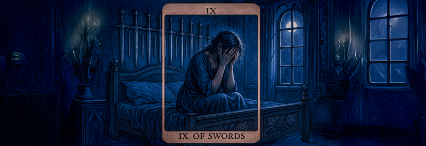 Nine of Swords tarot card illustration showing a distressed figure sitting up in bed at night with nine swords on the wall, symbolising anxiety, despair and sleepless nights.
