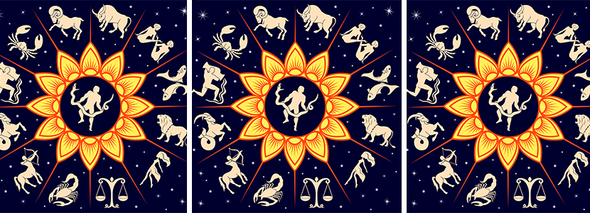 Ophiuchus starsign as a male silhouette holding a serpent surrounded by 12 other star signs on a starry background