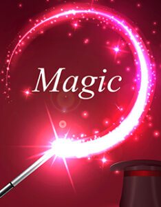 The word magic surrounded by a glowing wand
