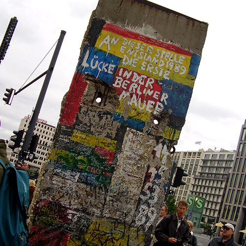 Part of the Berlin Wall coverered in graffiti after the wall came down in November 1989