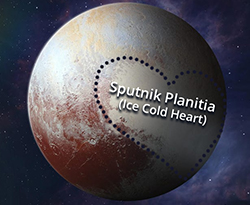 Planet Pluto showing the Sputnik Planitia is a love heart shape on the planet