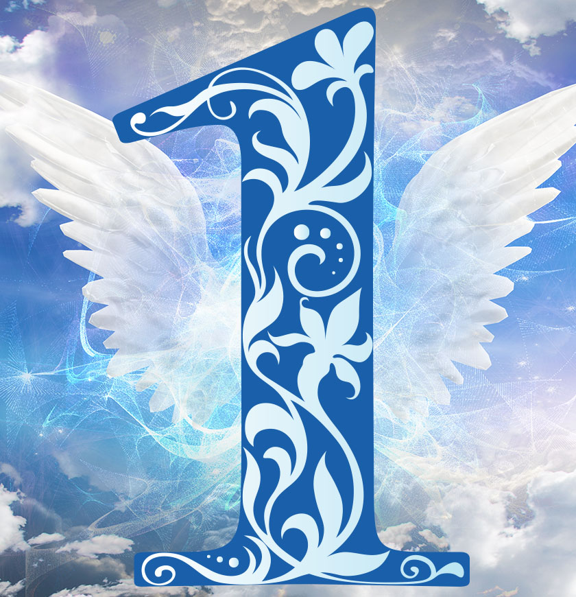 filigree number 1 in blue on angel wings in the sky