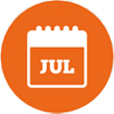 month of July calendar icon on an orange circle background