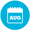 month of August calendar icon on a blue circle background