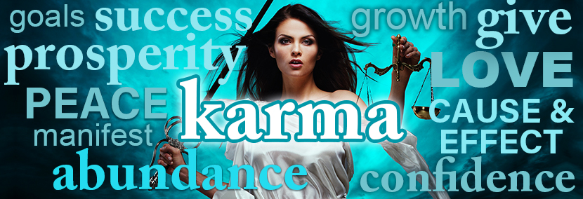 image of goddess holding scales surrounded by words such as karma highlighting themes for the year 2024