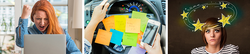 a trio image of a person driving a car with post it notes on the wheel, a woman surrounded by stars, and a red head woman frustrated with her computer breaking