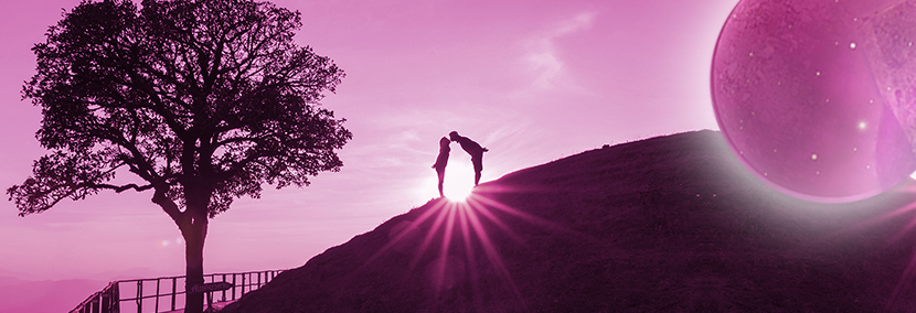 silhouette of a couple on a hill with planet venus behind them on a bright pink and purple background