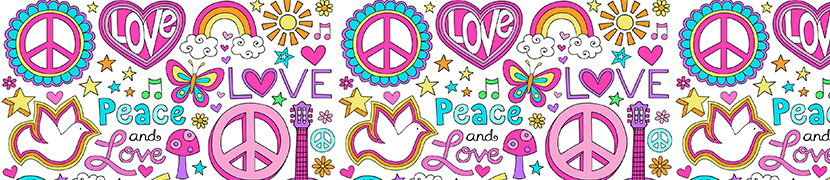a doodle of words and symbols for love and peace in pink, green and purple