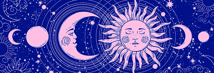 the sun and moon drawn in a vintage style on a dark blue background surrounded by stars