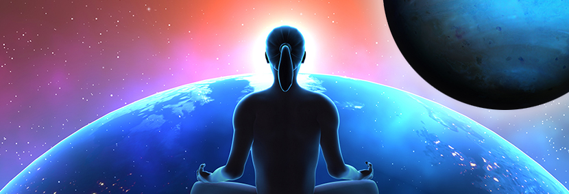 silhouette of woman meditating in front of planet earth with planet neptune hovering above the sky