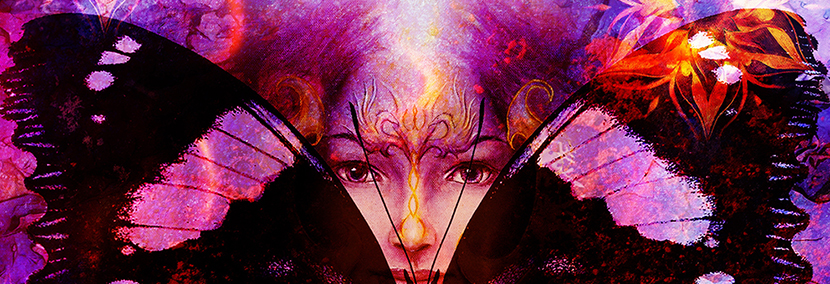 goddess woman surrounded by a butterfly on a bright purple background
