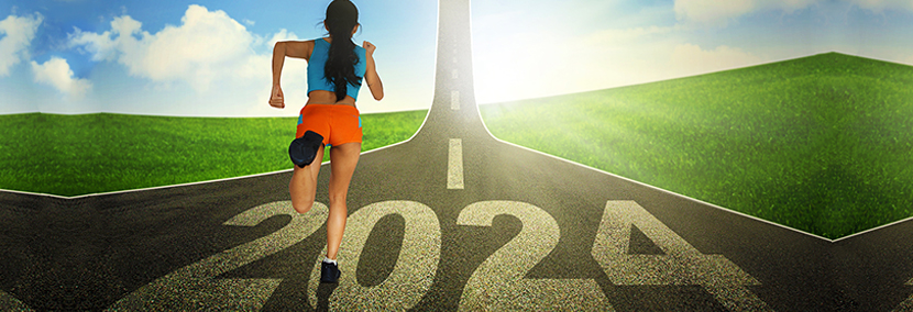 a woman running up a slanted road to the sky with the year 2024 on the road.