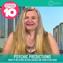 psychic rose on tv channel studio 10 set talking about 2024 horoscope predictions with the city in the background