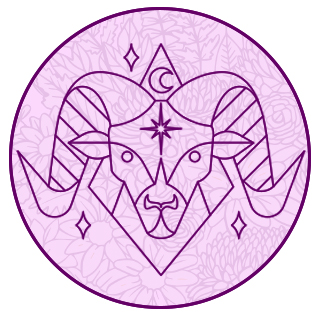 aries the ram symbol on a purple filligree background representing aries 2024
