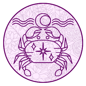 cancer the crab symbol on a purple filligree background representing cancer 2024