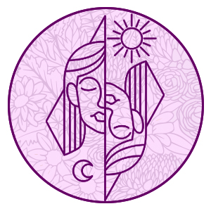 gemini twins symbol on a purple filligree background representing gemini 2024