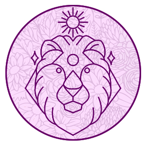 leo the lion symbol on a purple filligree background representing leo 2024