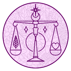 libra as the balance scales symbol on a purple filligree background representing libra 2024