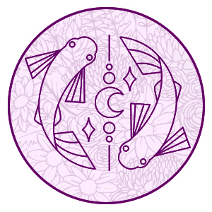 pisces the fish symbol on a purple filligree background representing pisces 2024