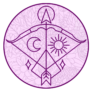 sagittarius the archer's arrow symbol on a purple filligree background representing sagittarius 2024
