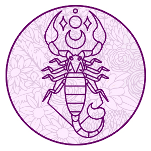 scorpio the scorpion symbol on a purple filligree background representing scorpio 2024