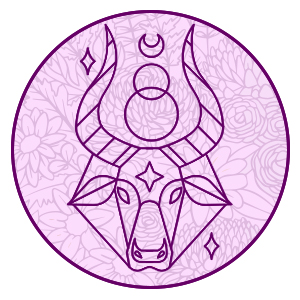 taurus the bull symbol on a purple filligree background representing taurus 2024