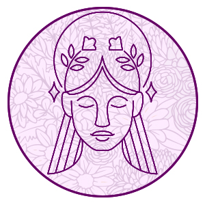 virgo as the virgin symbol on a purple filligree background representing virgo 2024