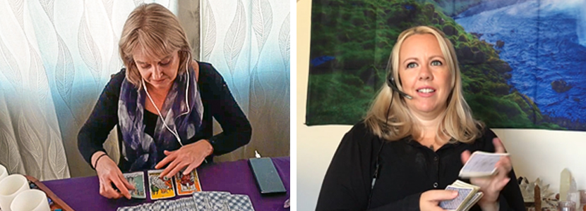Phone psychic readers Dionne with short ash coloured hair at her table doing a tarot card spread. And psychic Lisa with blonde hair wearing a headset and shuffling the tarot cards,