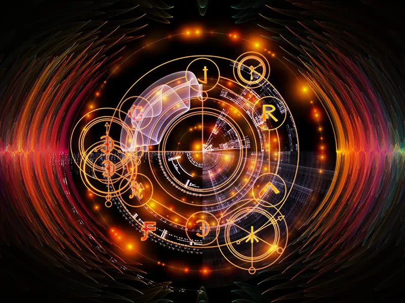 round ancient symbols in concentric circles, all on orange, red and black background