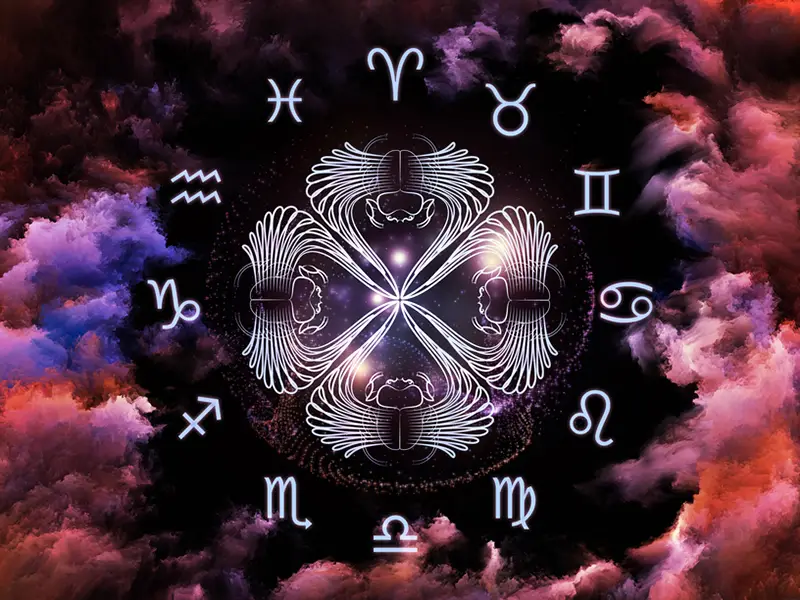 pale blue astrology symbols arranged in zodiac wheel with 4 scarabs in centre, all on pink, red and black background