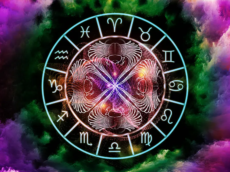 jade blue zodiac wheel with 4 scarab beetles in centre, all on green, pink and purple background