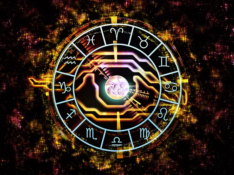 Blue Zodiac Wheel on an earth toned background with yellow lines