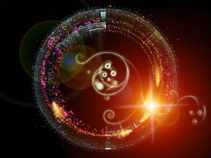 orange light in circle on a black background with a theme of merging lines